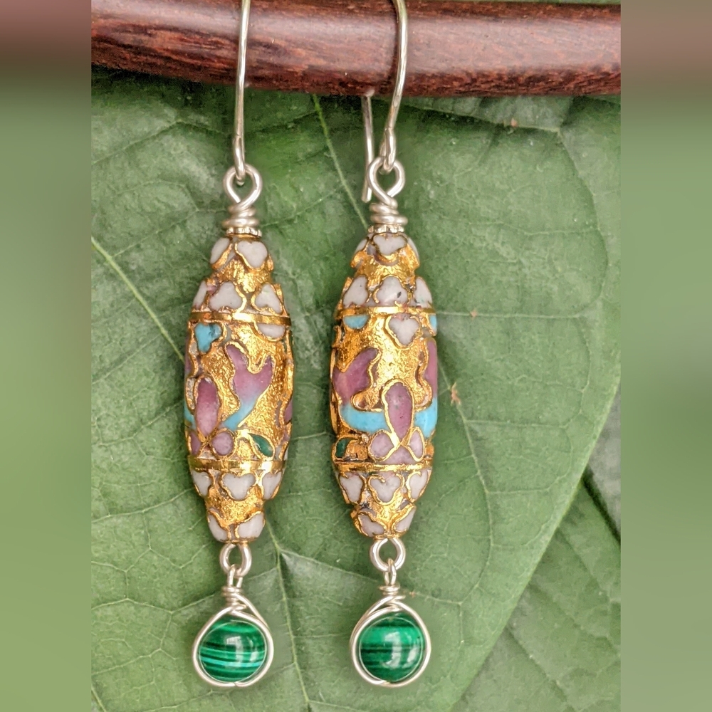 Malachite Earrings Sterling Silver Gold Toned Authentic Vintage Cloisonne